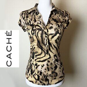 Cache Leopard Print Brown-Tan Button-Down Short Sleeve Collared Top | Size S